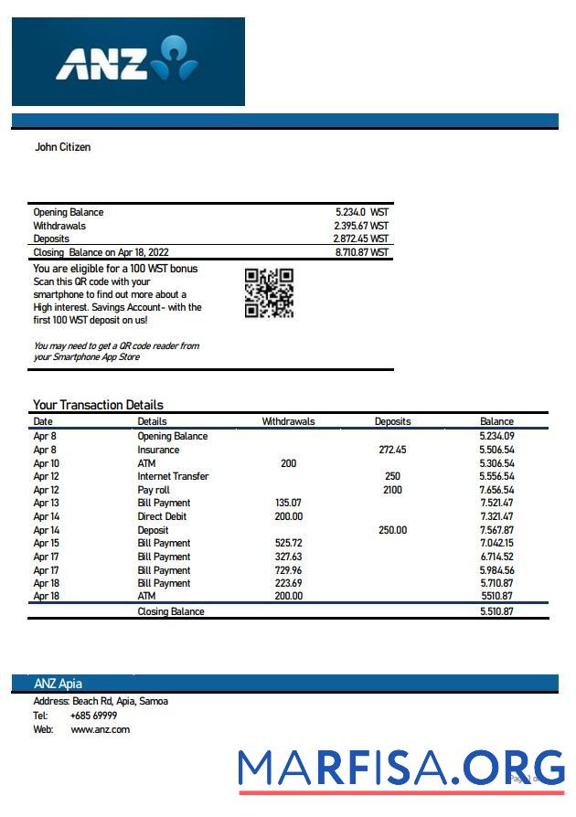 Downloadable Samoa ANZ bank statement word download for verification